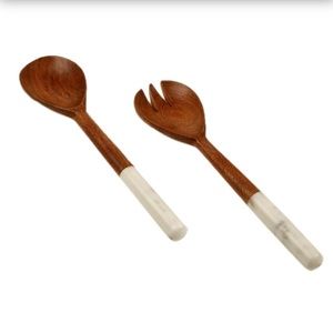 Natural Marble and Wood Salad Server Cutlery Set